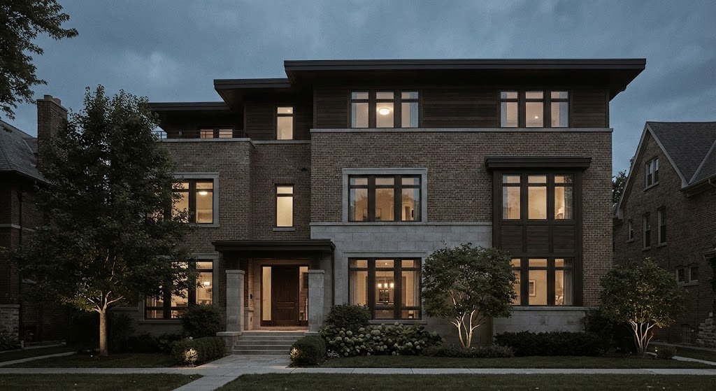 Elegant home at dusk with warm interior lighting showcasing quality climate comfort