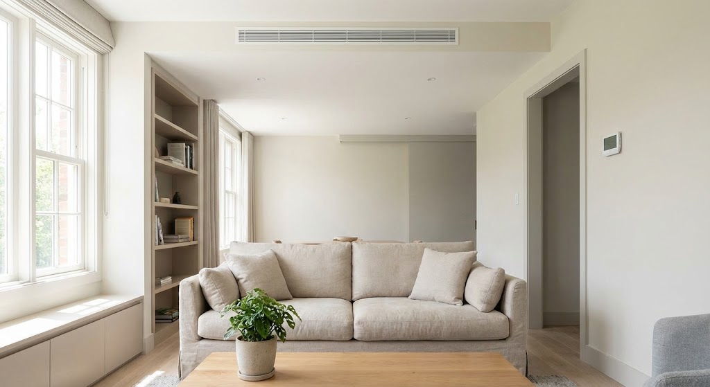 Comfortable living space with discreet climate control, demonstrating quality HVAC installation
